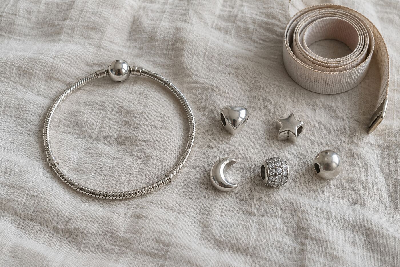 Zilveren snake chain-armband met vijf losse bedels en een opgerold meetlint op linnen