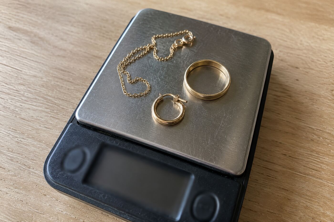 Gouden ketting, ring en oorringetje op een sieradenweegschaal op een houten tafel