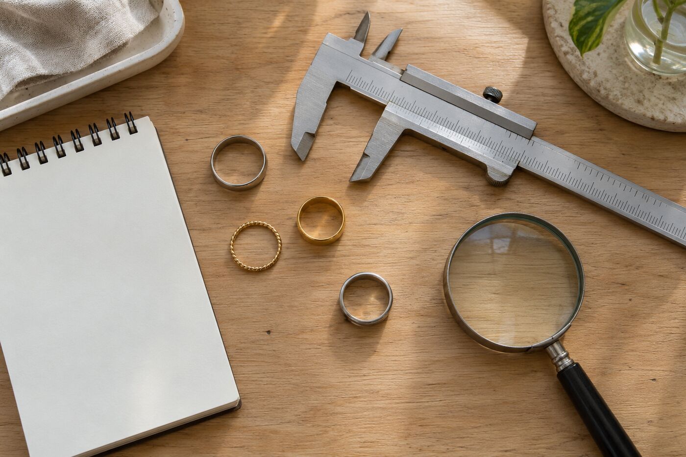 Werktafel met een schuifmaat, vier ringen, een loep en een notitieblok