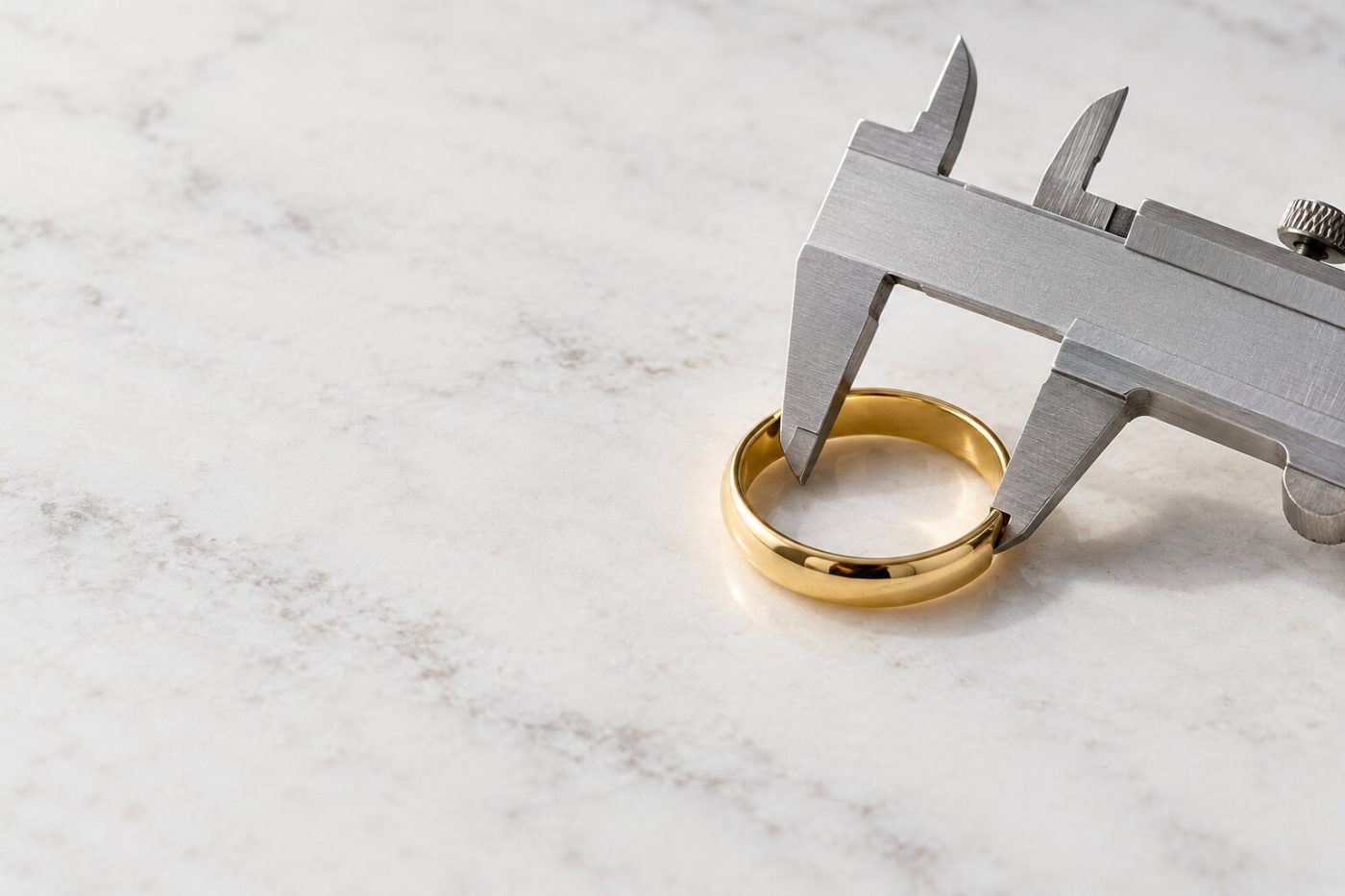 Een schuifmaat meet de binnenopening van een gouden ring