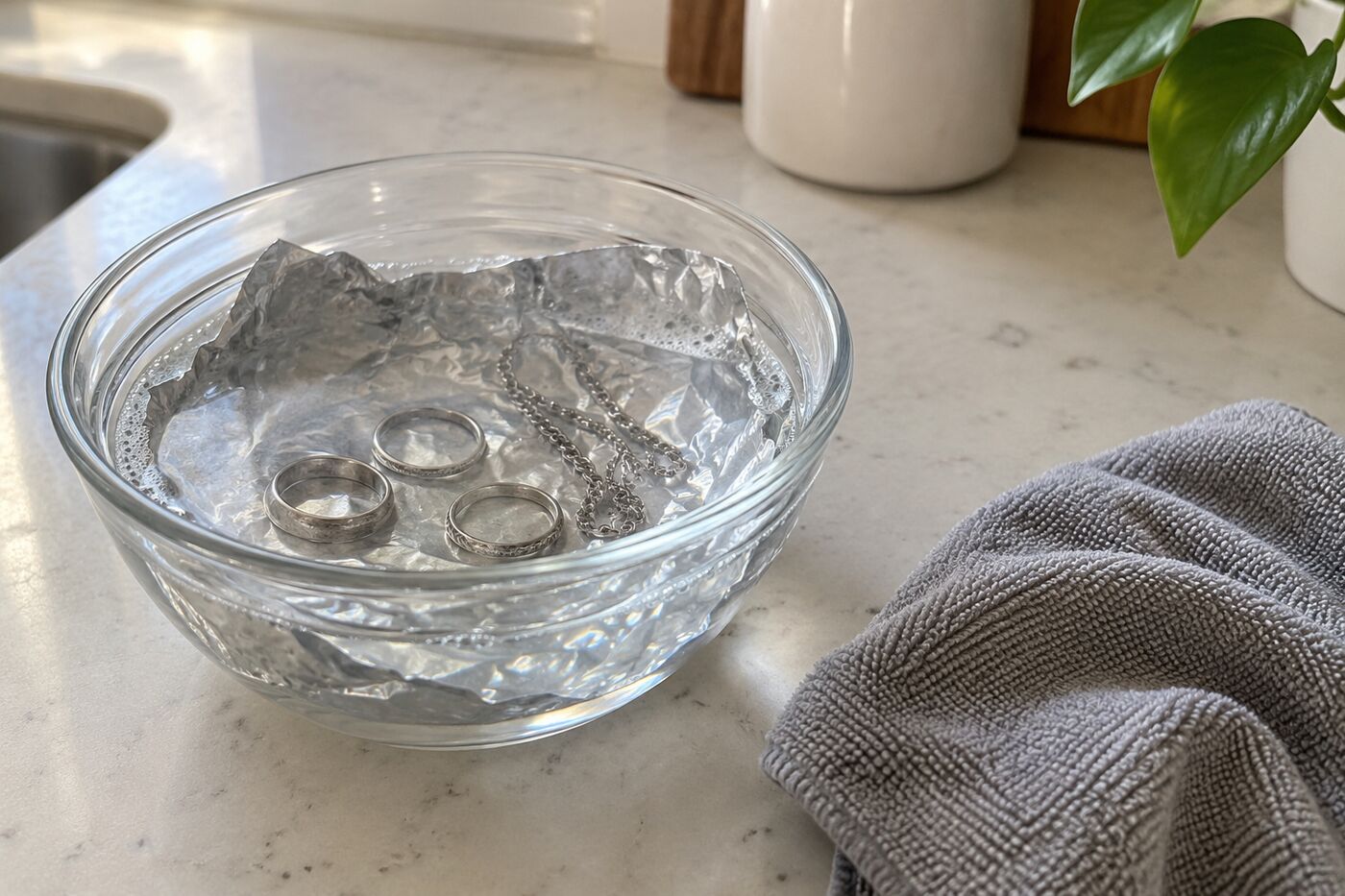 Zilveren ringen en een ketting in een glazen schaaltje met warm water op aluminiumfolie, met een zacht doekje ernaast